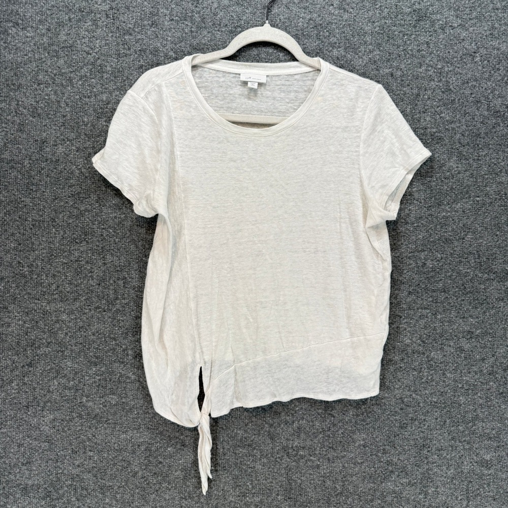 J. Jill Shirt Women Medium Petite White Linen Side Tie Knot Short Sleeve‎ Boho